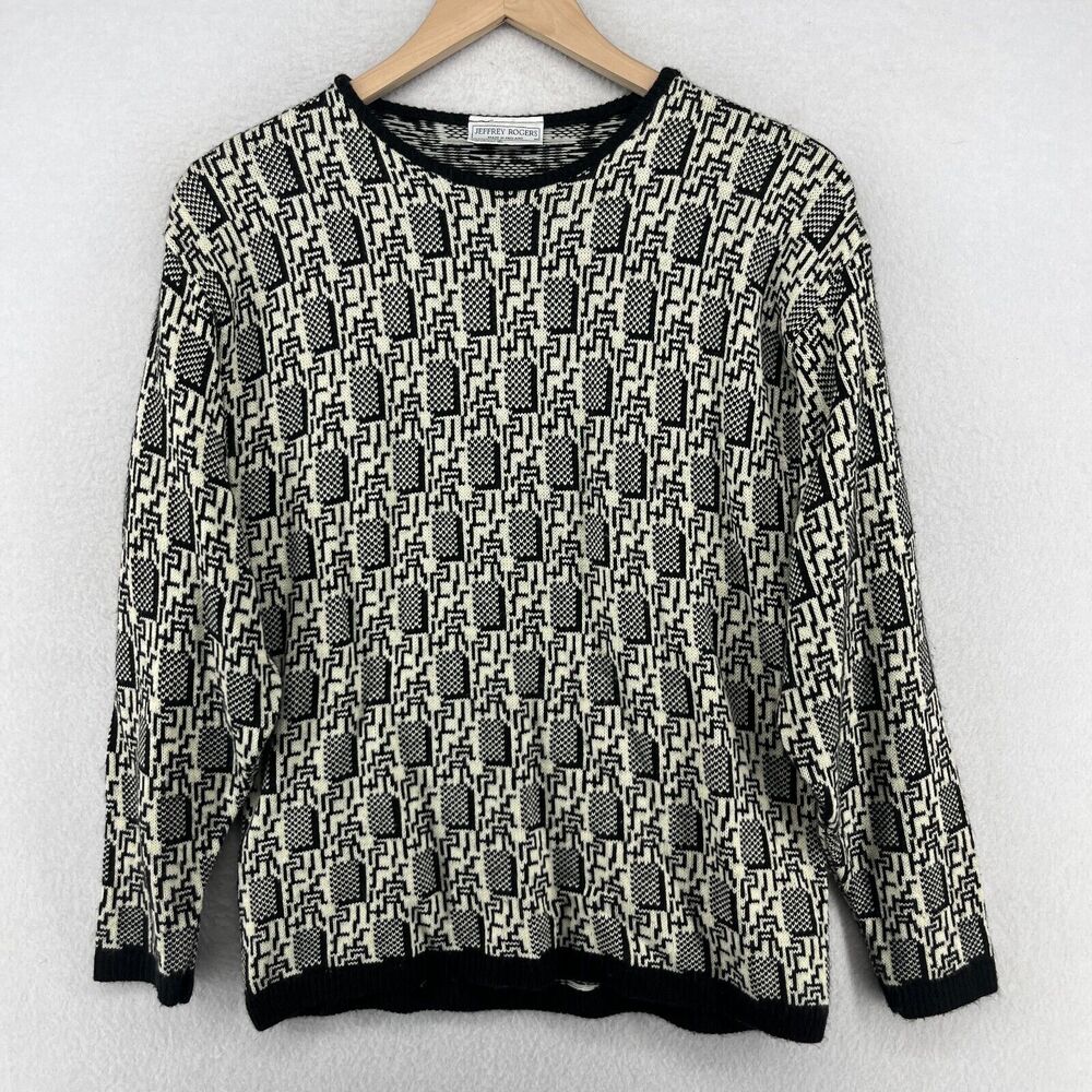 JEFFREY ROGERS Sweater Women M Abstract Geometric Retro Jumper Black England Vtg